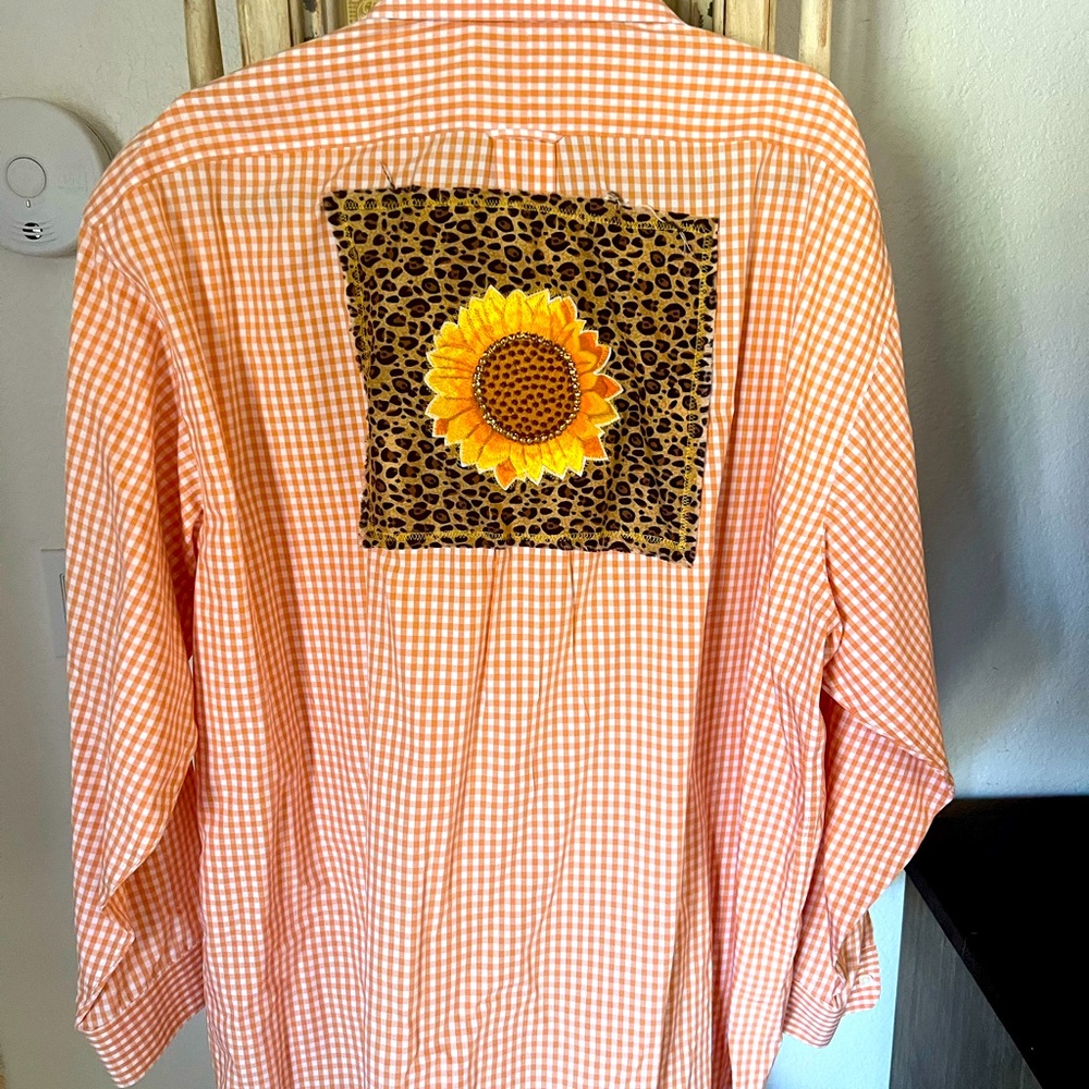 Three XL orange and white checkered, button-down shirt